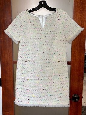 PATTY KIM Cream Tweed Shift Dress with Multicolor Speckle
